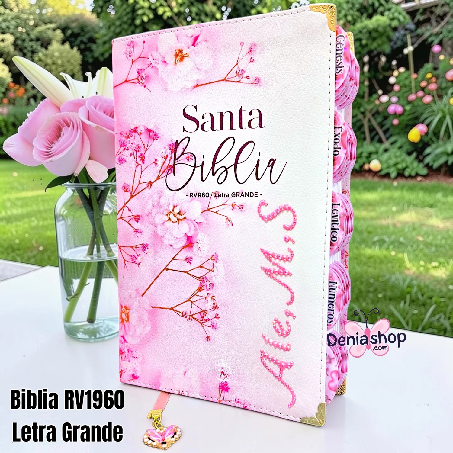 Biblia Rosada Floral - Letra Grande de 12 Puntos - Reina Valera 1960 - Tamaño Manual - Español - Nombre con Piedrería