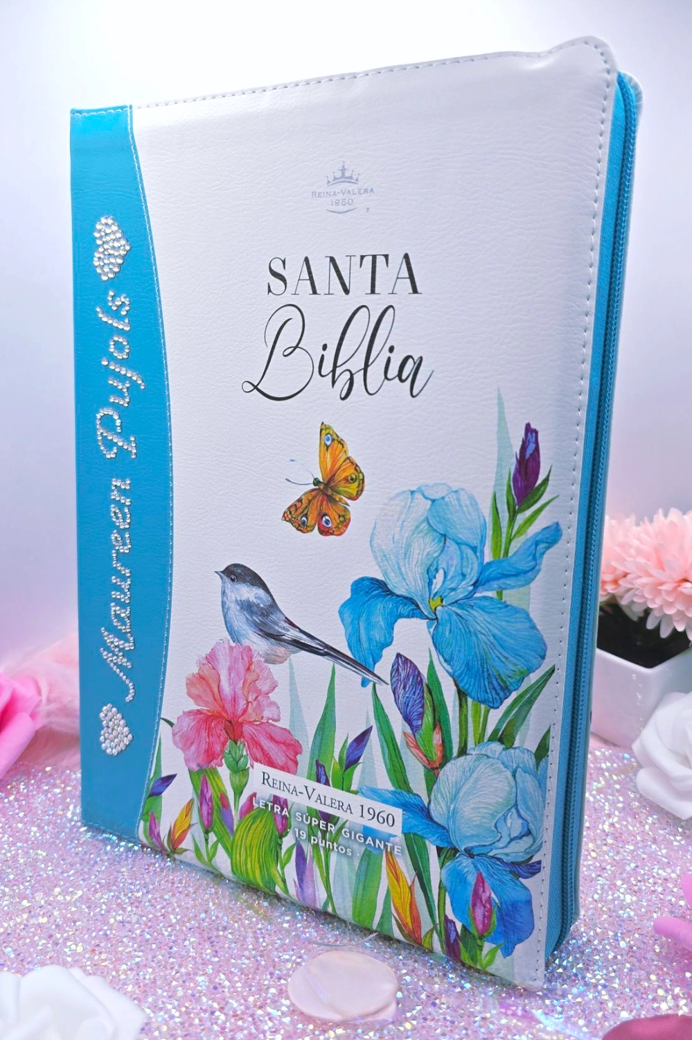 Biblia Azul Floral Letra  Super Gigante de 19 Puntos RVR1960