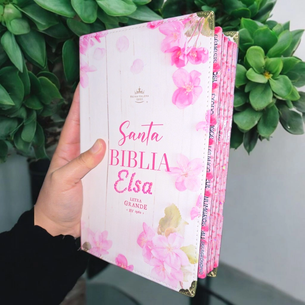 Biblia Personalizada Floral - Letra Grande de 12 Puntos – Reina Valera 1960 – Tamaño Manual – Español - Nombre con Piedrería