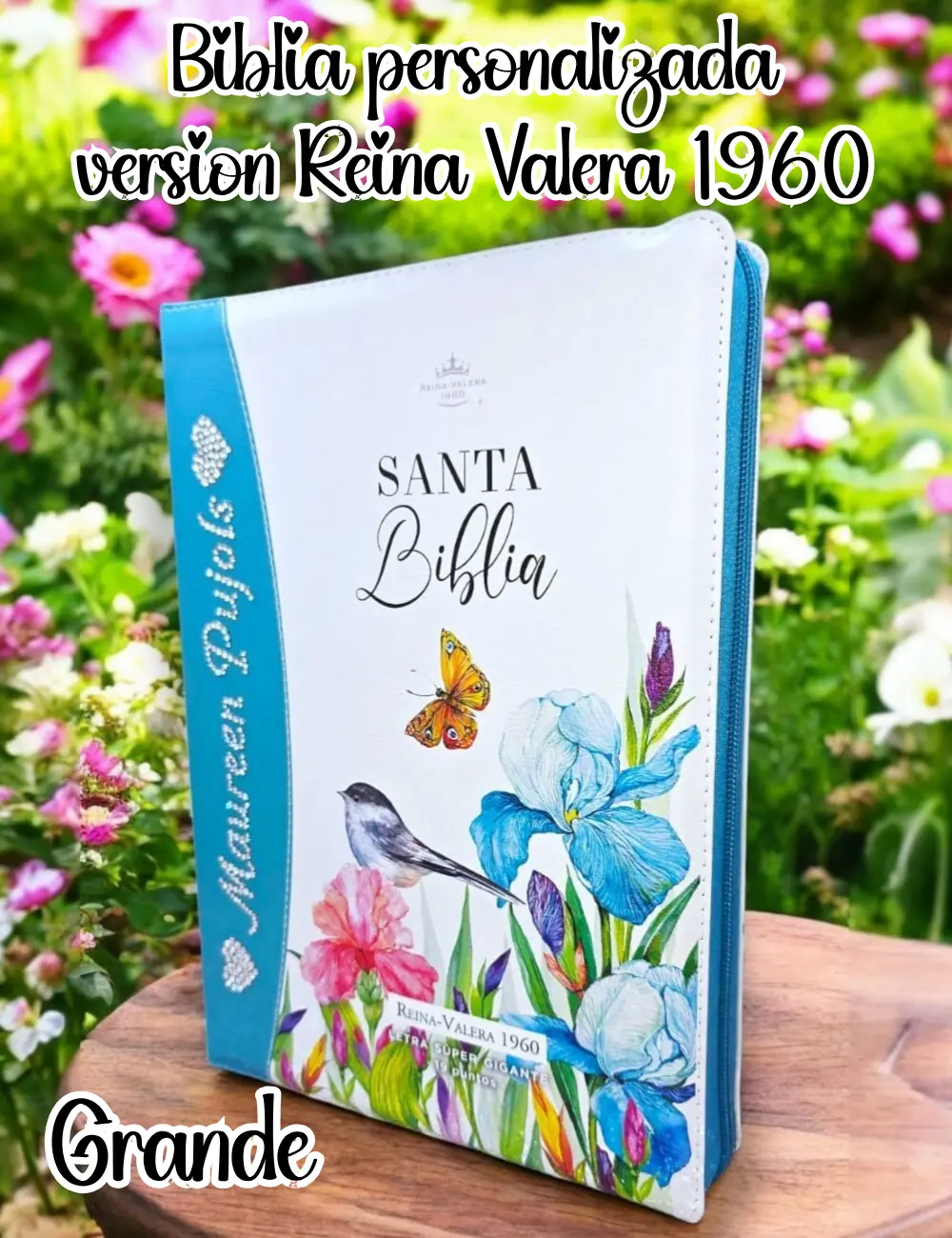 Biblia Personalizada Azul Floral Letra Super Gigante de 19 Puntos Reina Valera 1960 Tamaño Grande