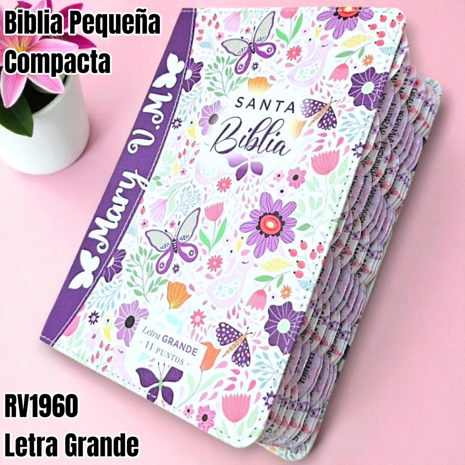 Biblia Personalizada Morada Floral - Letra Grande de 11 Puntos - Versión Reina Valera 1960 - Tamaño Compacta – Español