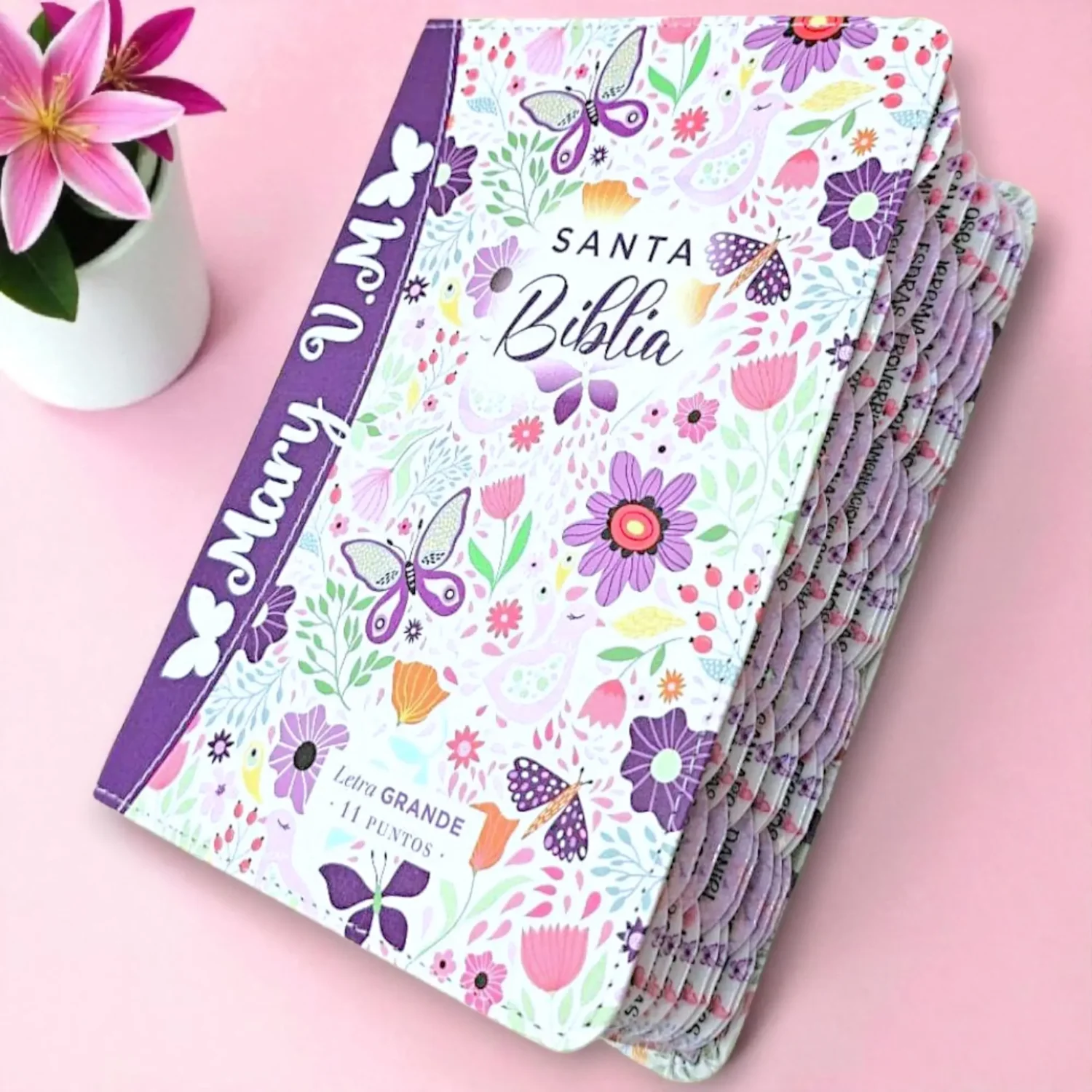 Biblia Personalizada Morada Floral - Letra Grande de 11 Puntos - Versión Reina Valera 1960 - Tamaño Compacta – Español
