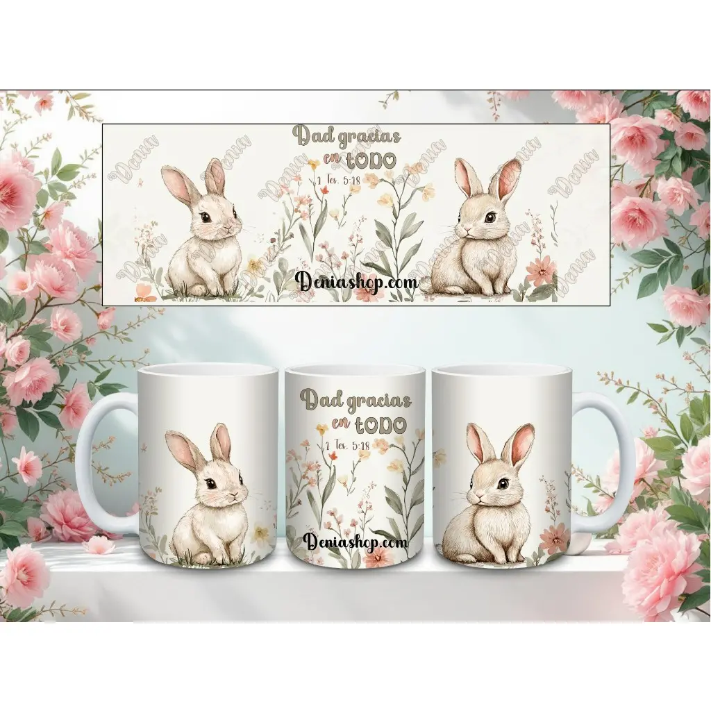 Taza decorativa con versículo bíblico 1 Tesalonicenses 5:18, flores y conejito deniashop.com