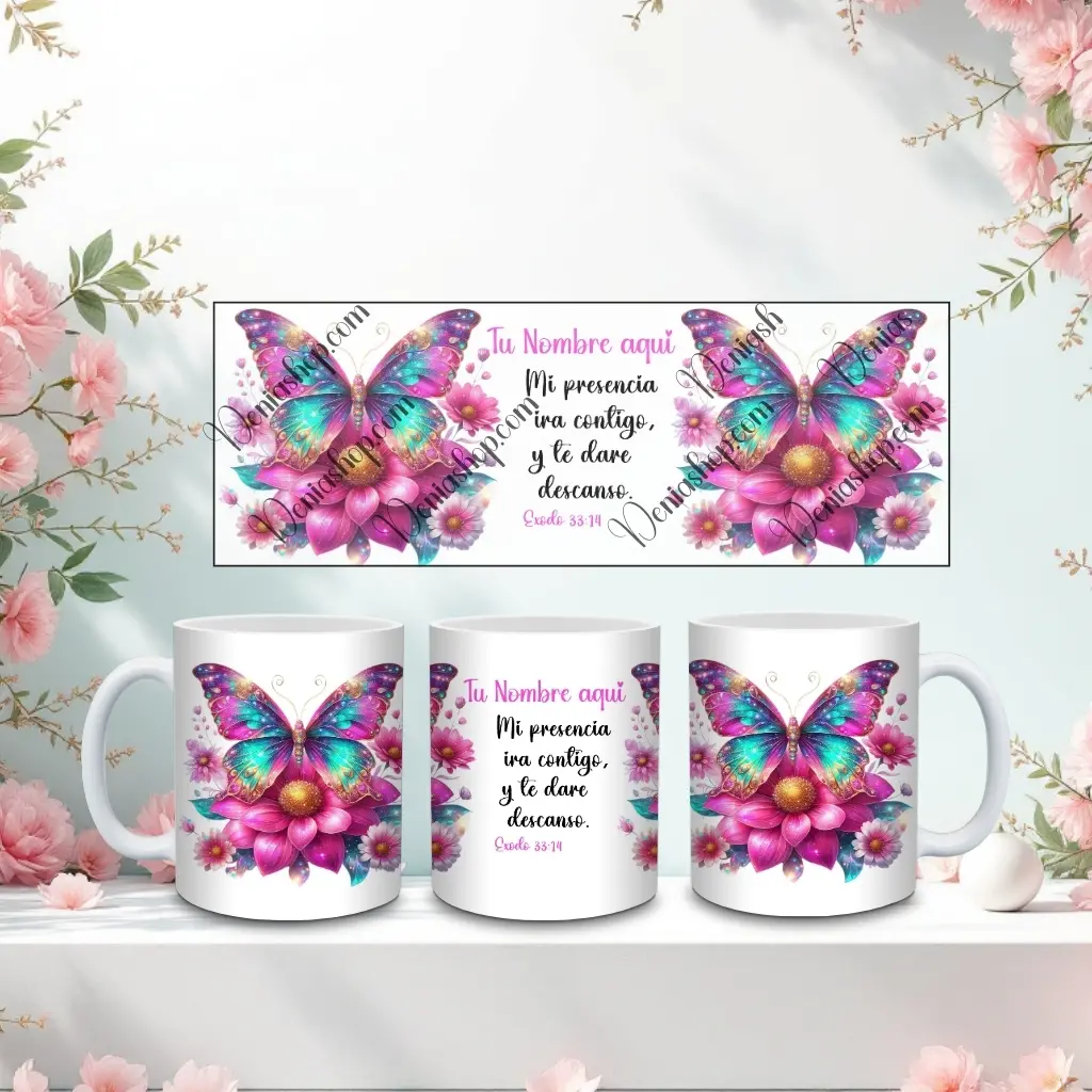 Taza de Ceramica Cristiana de Mariposa y Flores y Versículo Bíblico Éxodo 33:14 en Español de 11oz