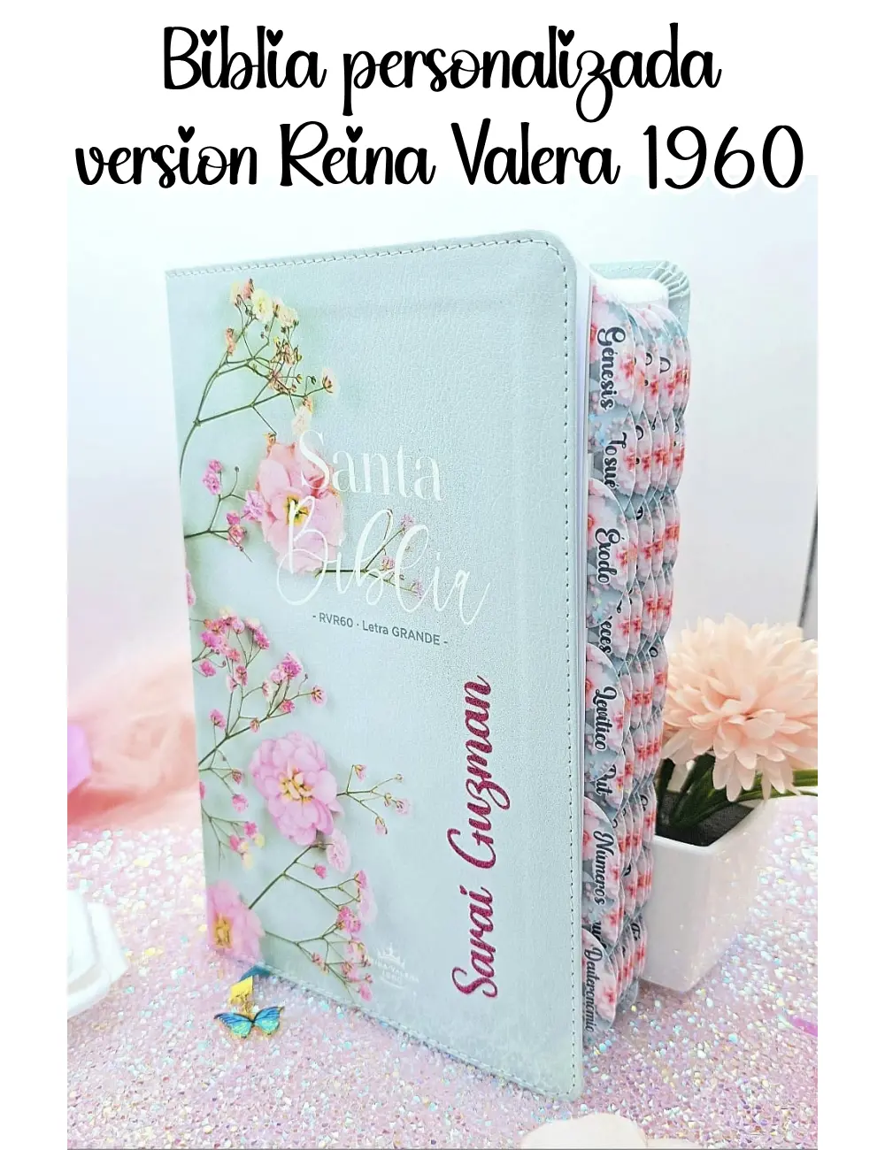 Biblia Personalizada Verde Menta Floral - Letra Grande de 12 Puntos Reina Valera 1960 Tamaño Manual