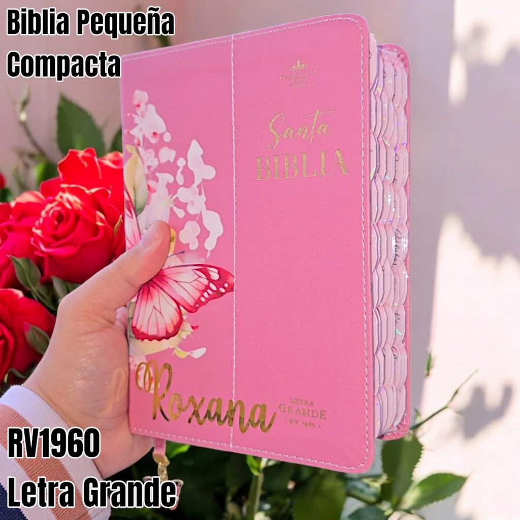 Biblia Personalizada Rosada de Mariposa - Letra Grande de 12 Puntos - Reina Valera 1960 - Tamaño Compacta - Español