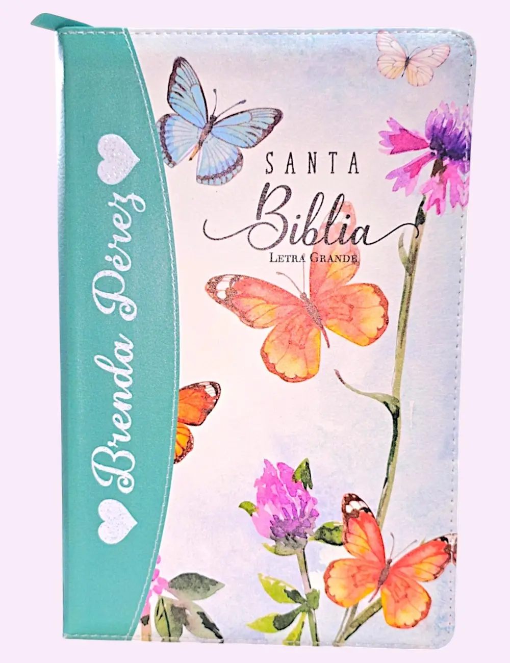 Biblia Personalizada Aqua de Mariposas - Letra Grande de 12 Puntos - Reina Valera 1960 - Tamaño Manual con Cierre- Español