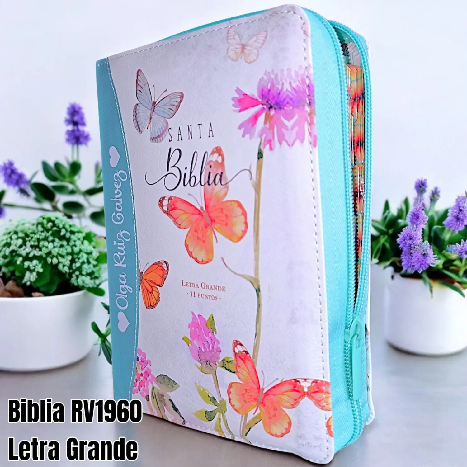 Biblia Personalizada Aqua de Mariposas - Letra Grande de 11 Puntos - Reina Valera 1960 - Tamaño Compacta con Cierre - Español