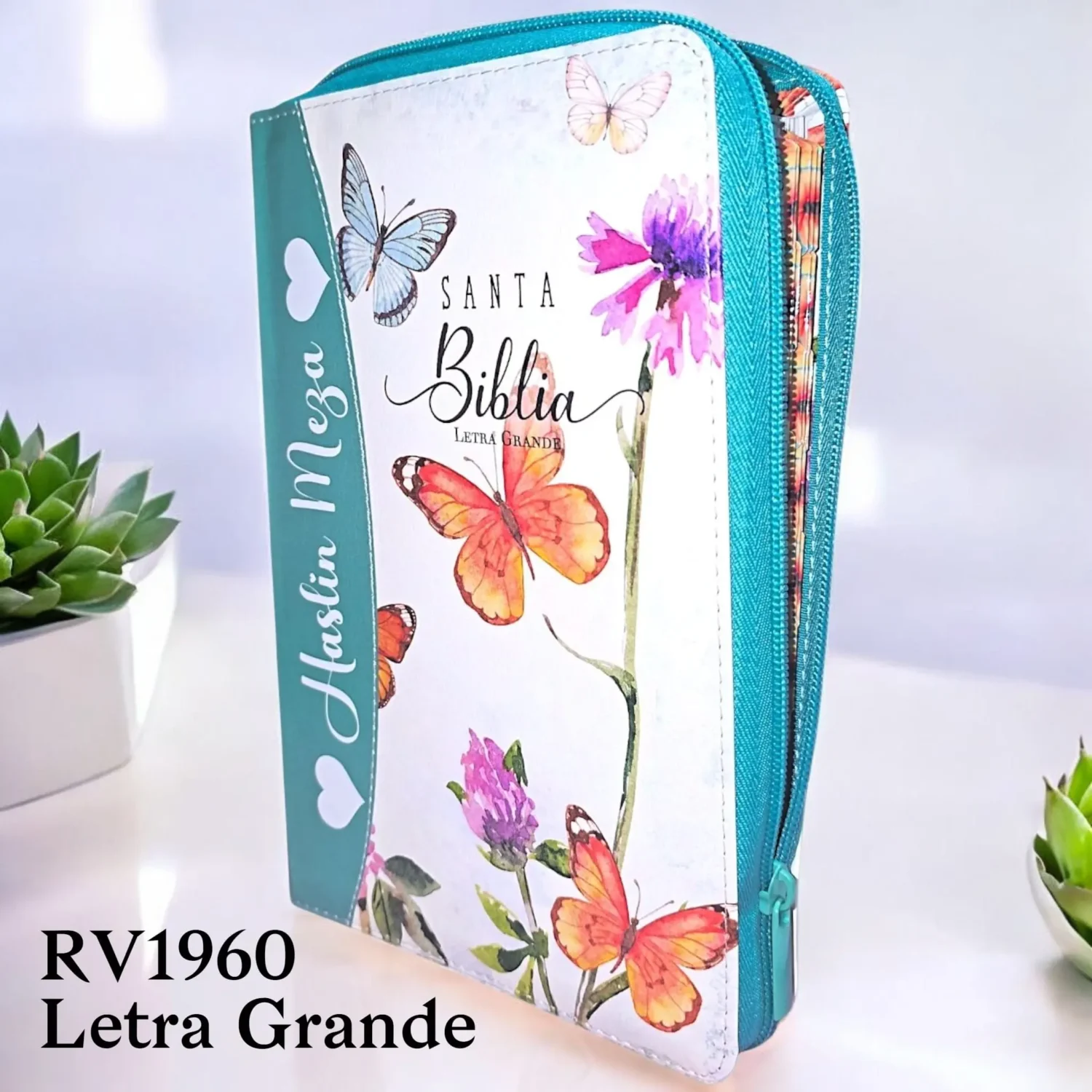 Biblia Personalizada Aqua de Mariposas - Letra Grande de 12 Puntos - Reina Valera 1960 - Tamaño Manual con Cierre - Español