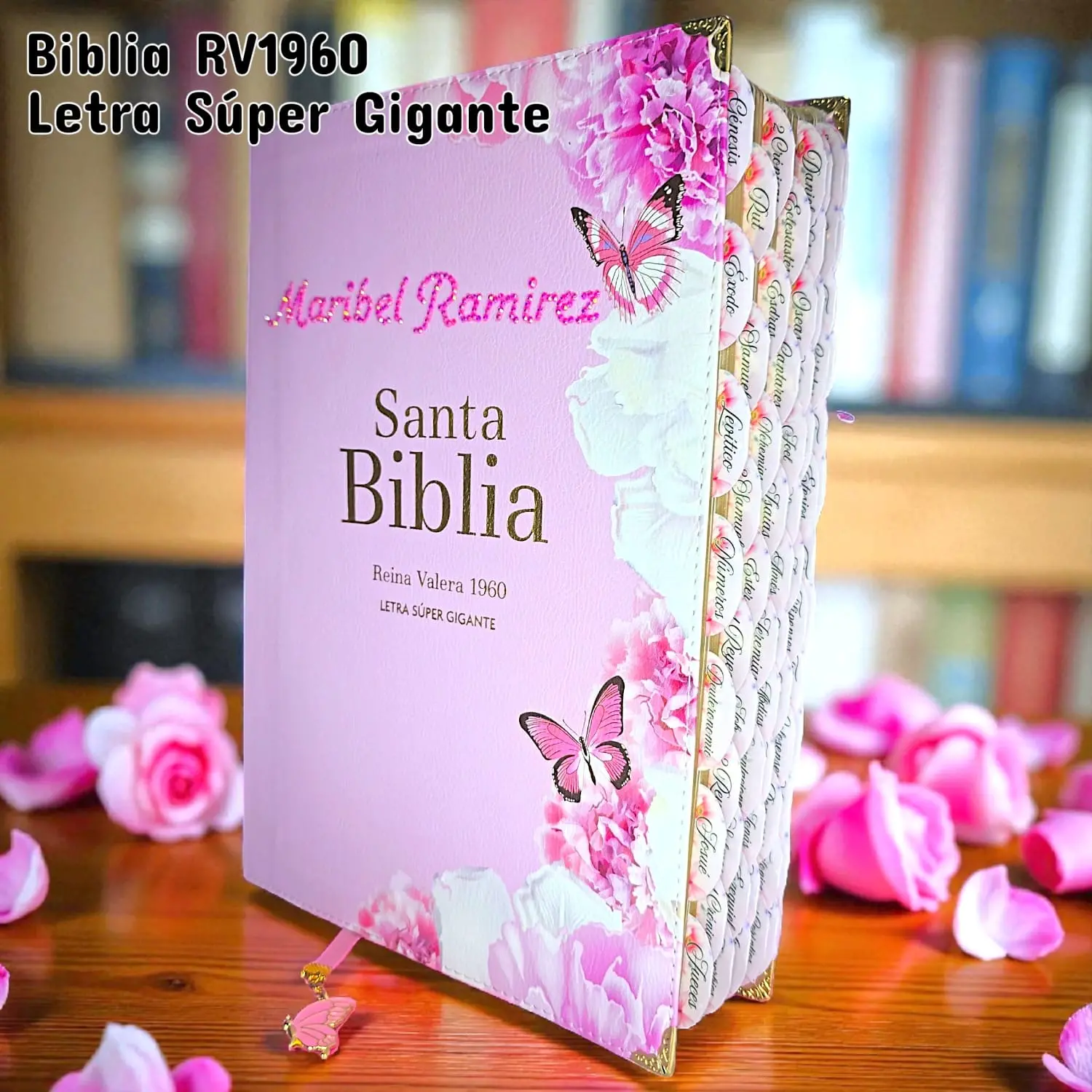 Biblia Personalizada Rosada de Mariposas - Letra Super Gigante de 18 Puntos - Reina Valera 1960 - Tamaño Grande - Español - Nombre con Piedrería