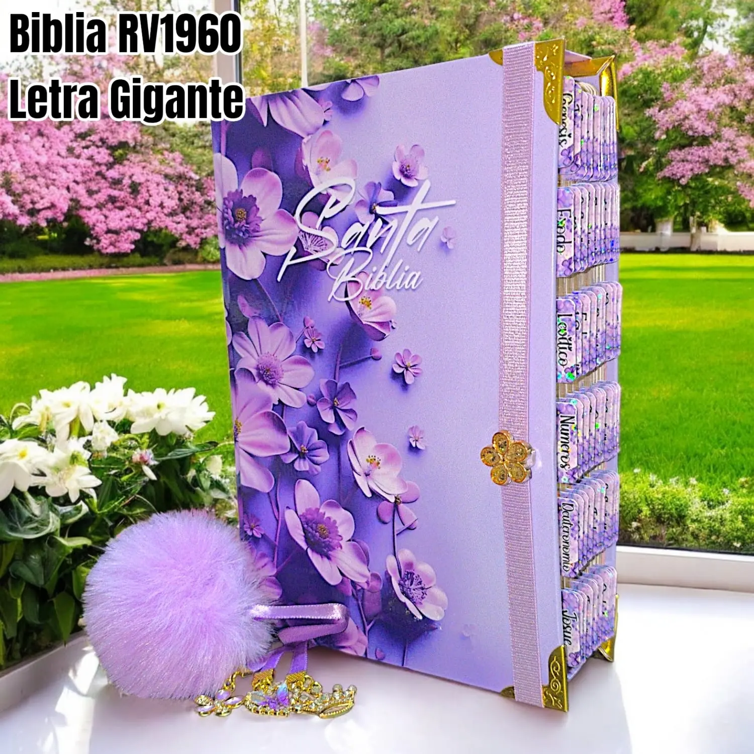 Biblia Personalizada Morada Floral – Letra Gigante de 14 Puntos – Reina Valera 1960 – Tamaño Manual - Tapa Dura – Español