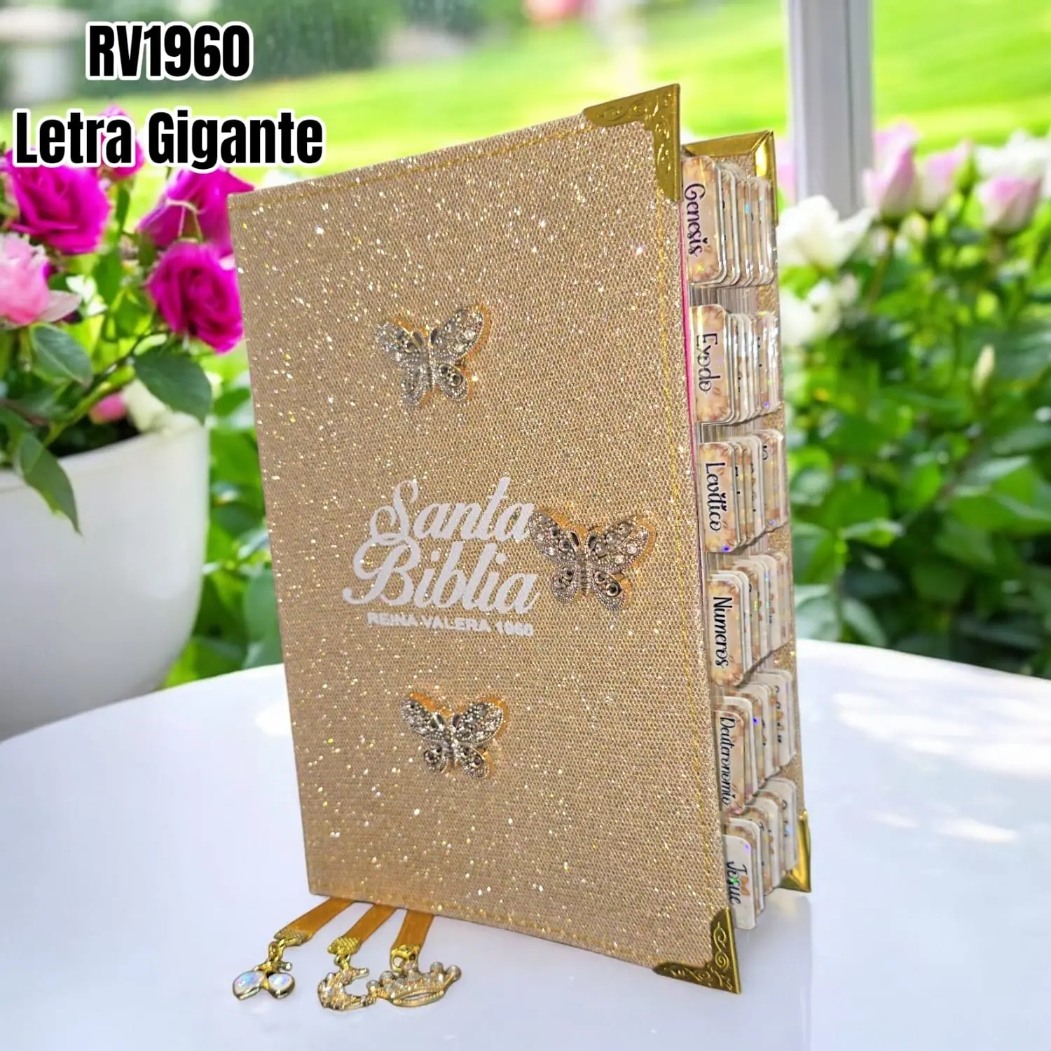 Biblia Personalizada Dorada Brillosa – Letra Gigante de 14 Puntos – Reina Valera 1960 – Tamaño Manual – Español