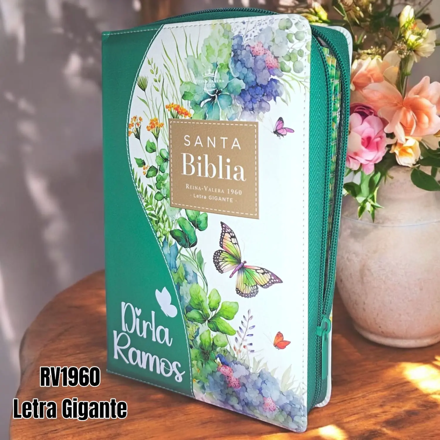 Biblia Personalizada Verde Floral - Letra Gigante de 14 Puntos - Reina Valera 1960 - Tamaño Manual- Español
