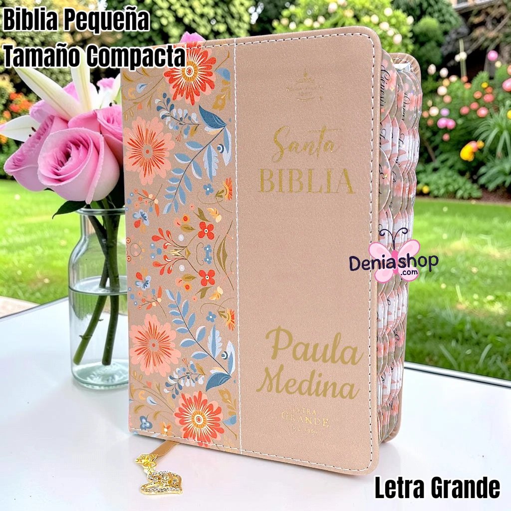 Biblia Personalizada Cafe Floral - Letra Grande de 12 Puntos - Reina Valera 1960 - Tamaño Compacta - Español