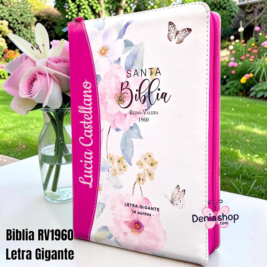 Biblia Personalizada Fucsia - Letra Gigante de 14 Puntos - Reina Valera 1960 - Tamaño Manual con Cierre - Español
