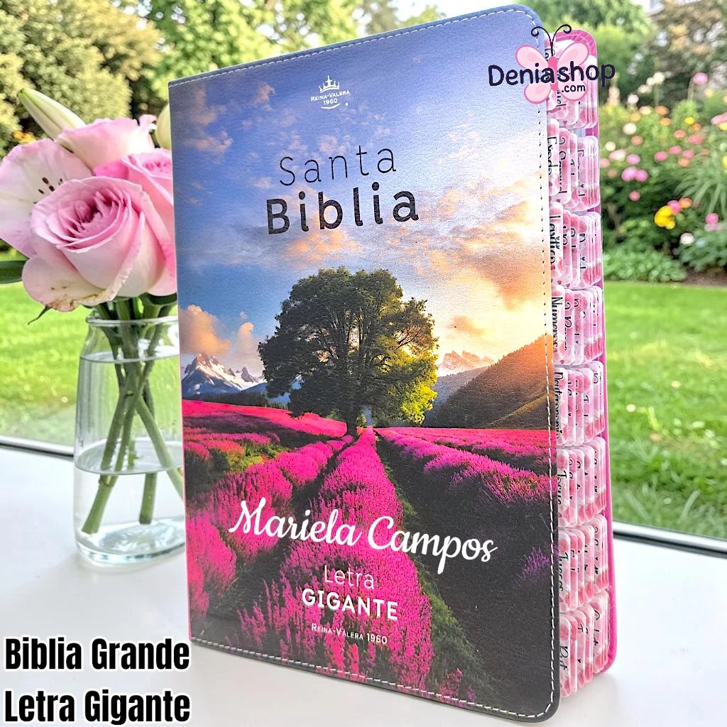 Biblia Personalizada Campo Floral - Letra Gigante de 15 Puntos - Reina Valera 1960 - Tamaño Grande - Español