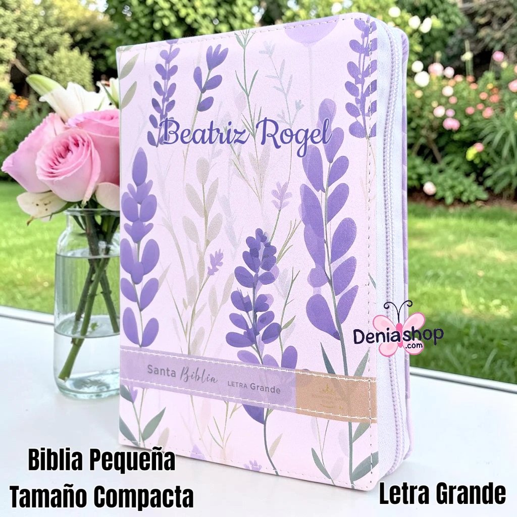 Biblia Personalizada Morada Floral - Letra Grande de 11 Puntos - Reina Valera 1960 - Tamaño Compacta con Cierre - Español