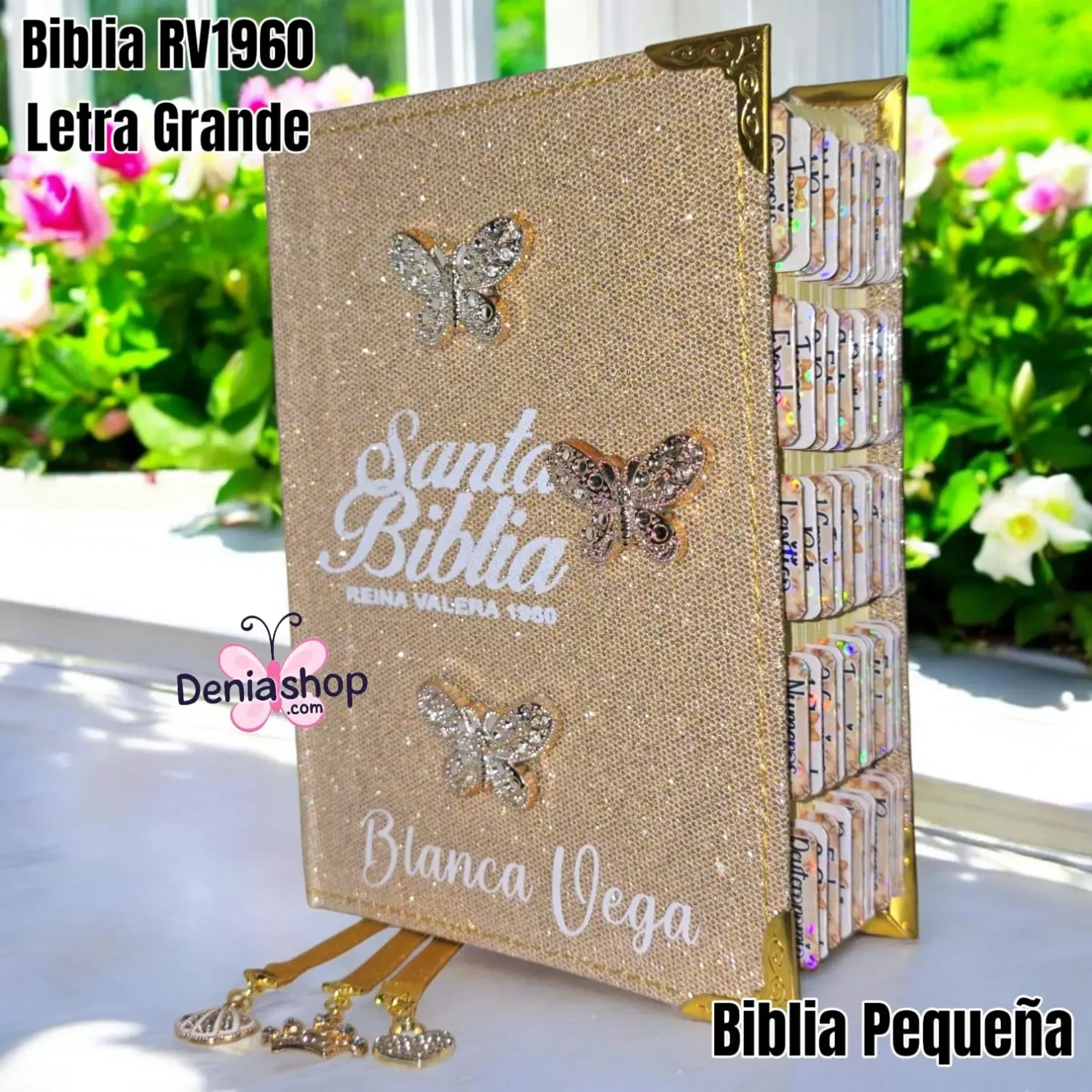 Biblia Personalizada Dorada Brillosa – Letra Gigante de 12 Puntos – Reina Valera 1960 – Pequeña Tamaño Compacta – Español