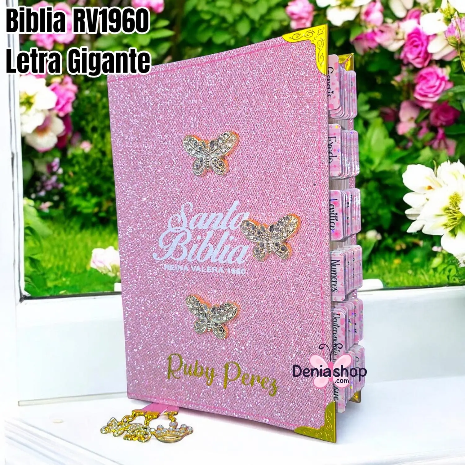 Biblia Personalizada Rosada Brillosa – Letra Gigante de 14 Puntos – Reina Valera 1960 – Tamaño Manual – Español