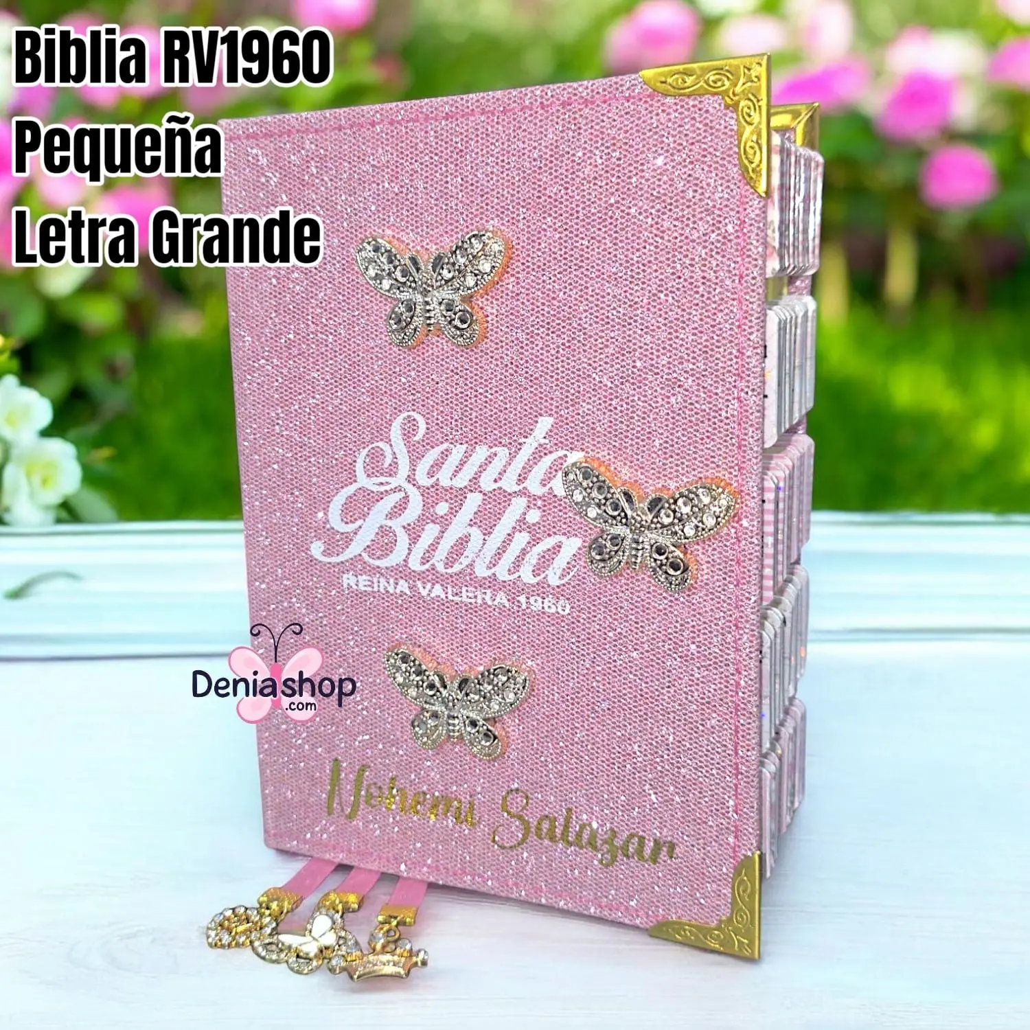 Biblia Personalizada Rosada Brillosa – Letra Gigante de 12 Puntos – Reina Valera 1960 – Pequeña Tamaño Compacta – Español