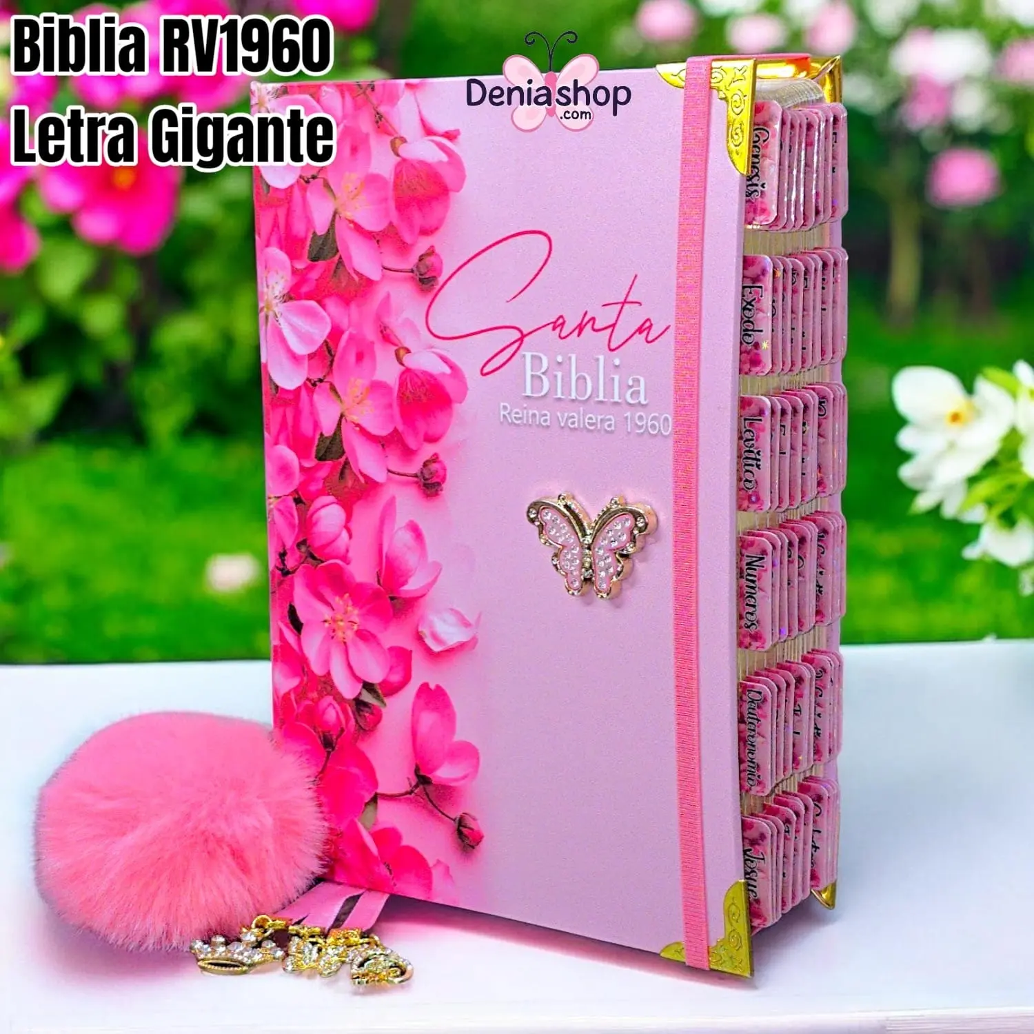 Biblia Personalizada Rosada Floral – Letra Gigante de 14 Puntos – Reina Valera 1960 – Tamaño Manual - Tapa Dura – Español