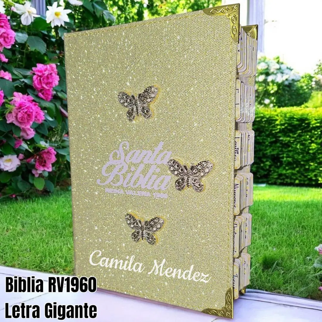 Biblia Personalizada Dorada Brillosa con Mariposas – Letra Gigante de 14 Puntos – Reina Valera 1960 – Tamaño Manual – Español