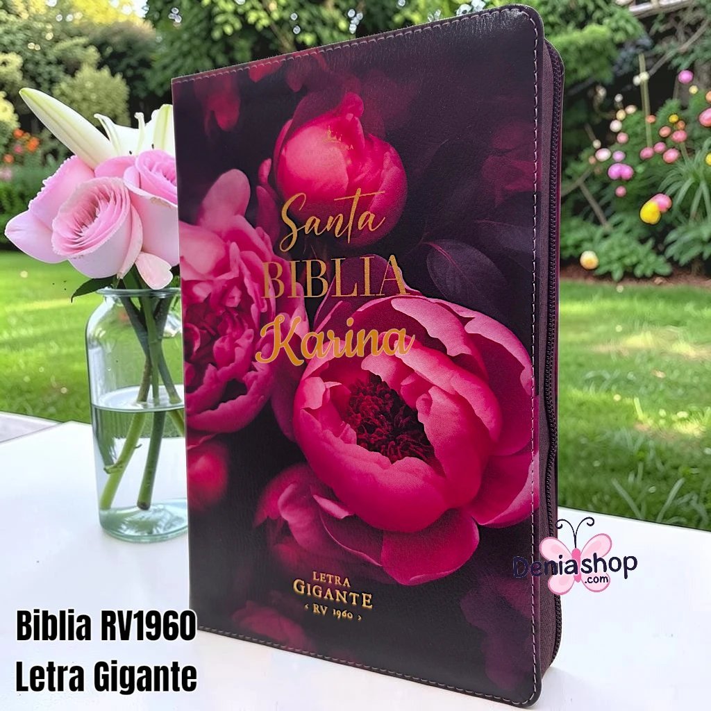 Biblia Personalizada Peonías Bloom- Letra Gigante de 14 Puntos - Reina Valera 1960 - Tamaño Manual con Cierre- Español