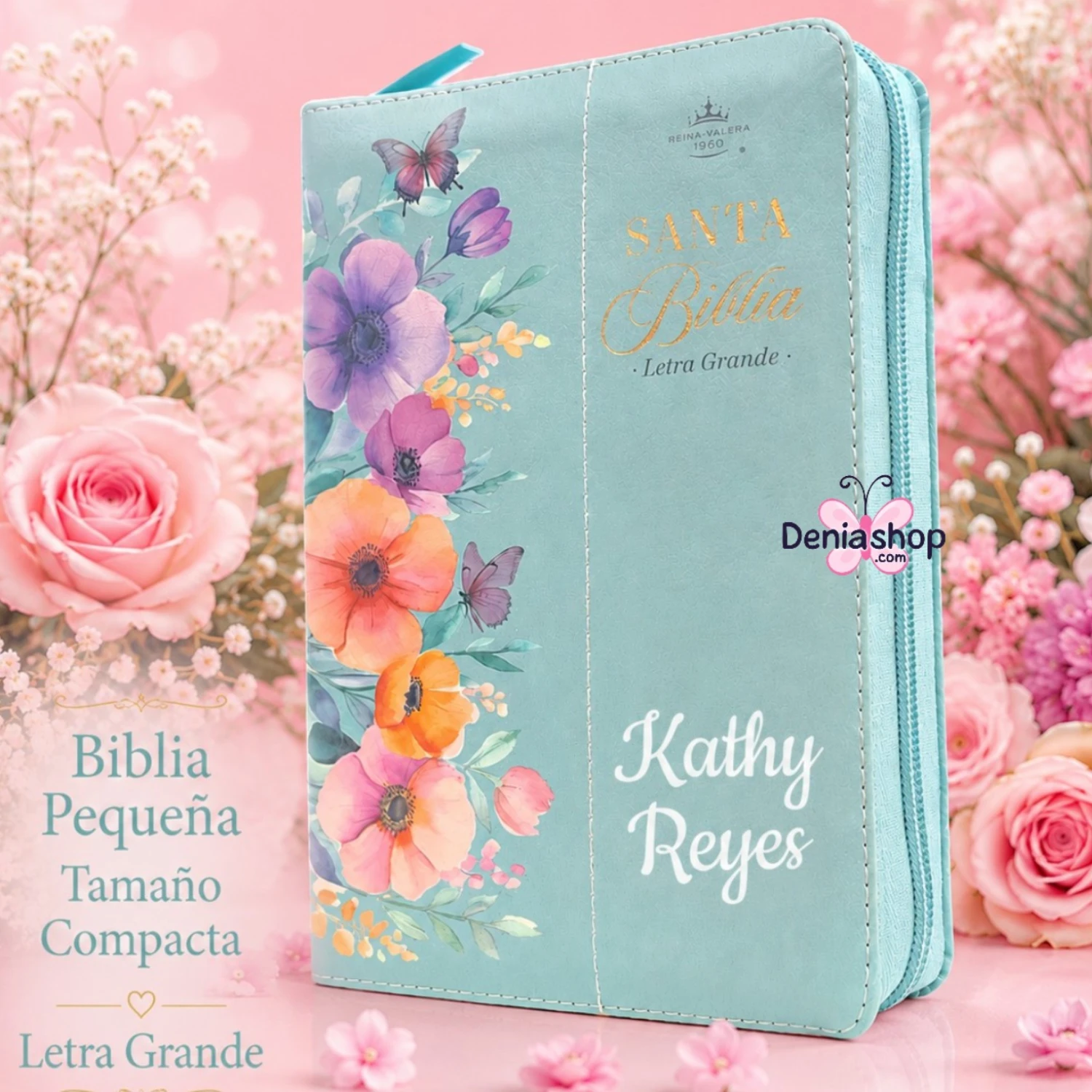 Biblia Personalizada Primaveral Celeste Aqua - Letra Grande de 12 Puntos - Reina Valera 1960 - Tamaño Compacta con Cierre - Español