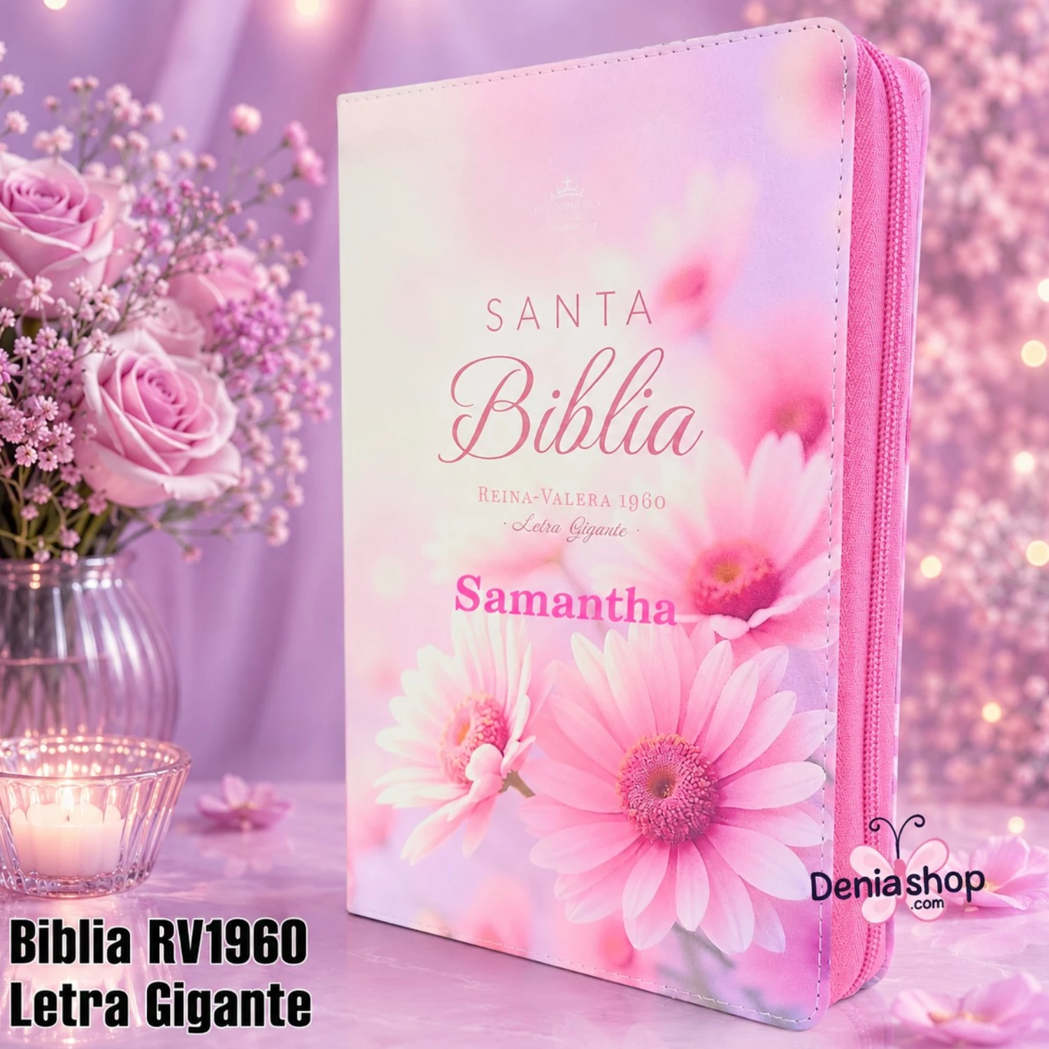 Biblia Personalizada Margaritas Rosadas - Letra Gigante de 14 Puntos - Reina Valera 1960 - Tamaño Manual con Cierre- Español