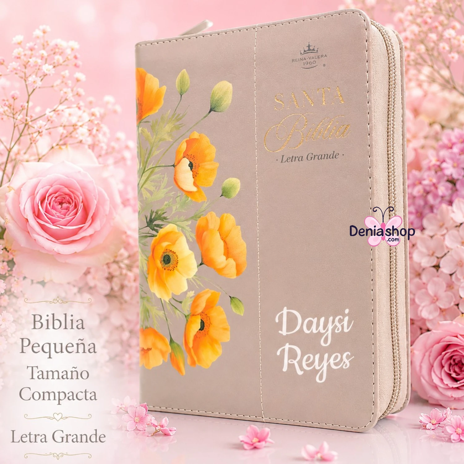 Biblia Personalizada Primaveral Beige Ceniza Floral - Letra Grande de 12 Puntos - Reina Valera 1960 - Tamaño Compacta con Cierre - Español
