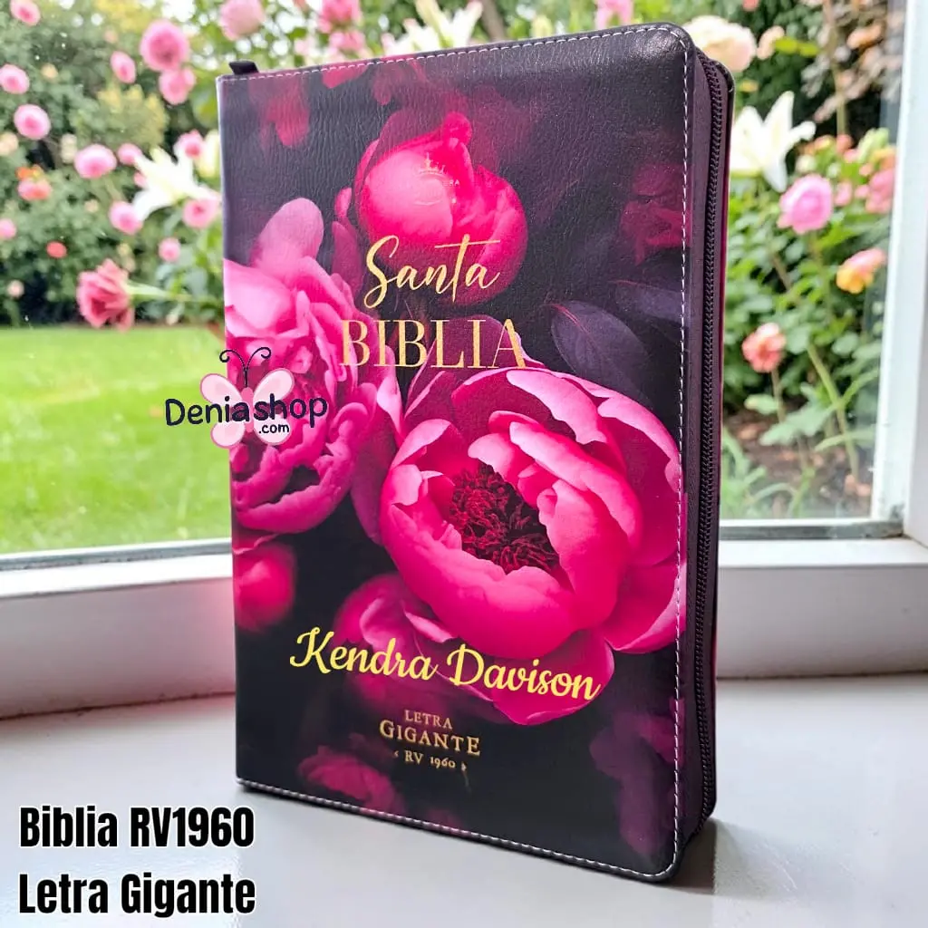 Biblia Personalizada Peonías Bloom- Letra Gigante de 14 Puntos - Reina Valera 1960 - Tamaño Manual con Cierre- Español