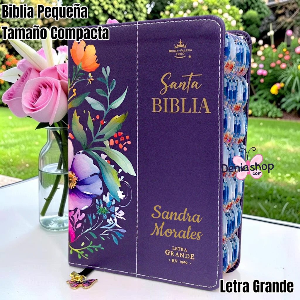 Biblia Personalizada Azul Morado Floral - Letra Grande de 12 Puntos - Reina Valera 1960 - Tamaño Compacta - Español