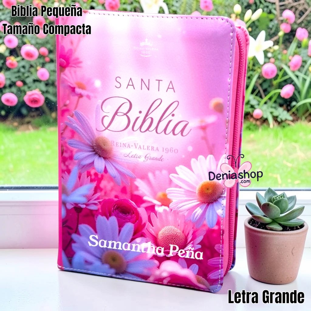 Biblia Personalizada Margaritas Rosada - Letra Grande de 12 Puntos - Reina Valera 1960 - Tamaño Compacta con Cierre - Español