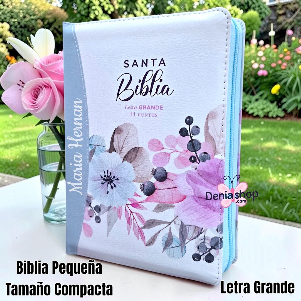 Biblia Personalizada Celeste Jardín - Letra Grande de 11 Puntos - Reina Valera 1960 - Tamaño Compacta con Cierre - Español