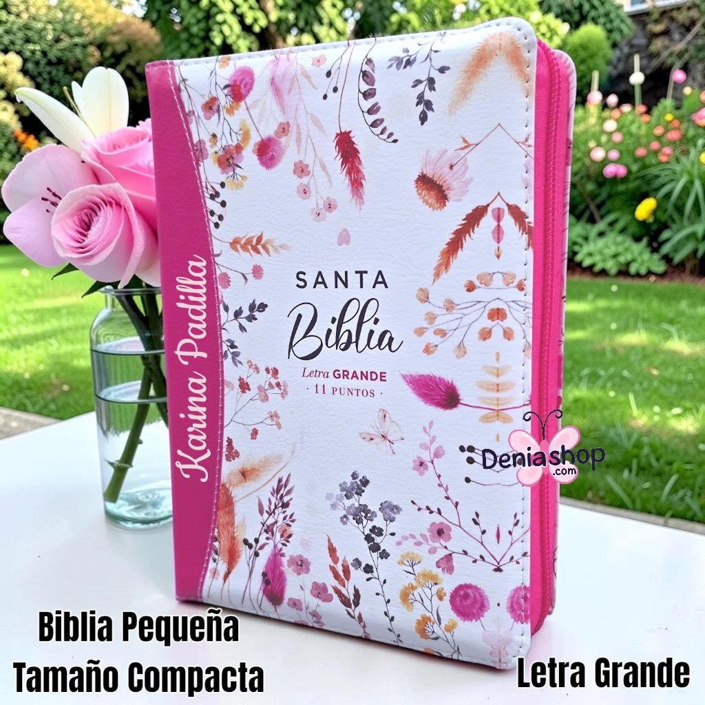 Biblia Personalizada Fucsia Jardín - Letra Grande de 11 Puntos - Reina Valera 1960 - Tamaño Compacta con Cierre - Español