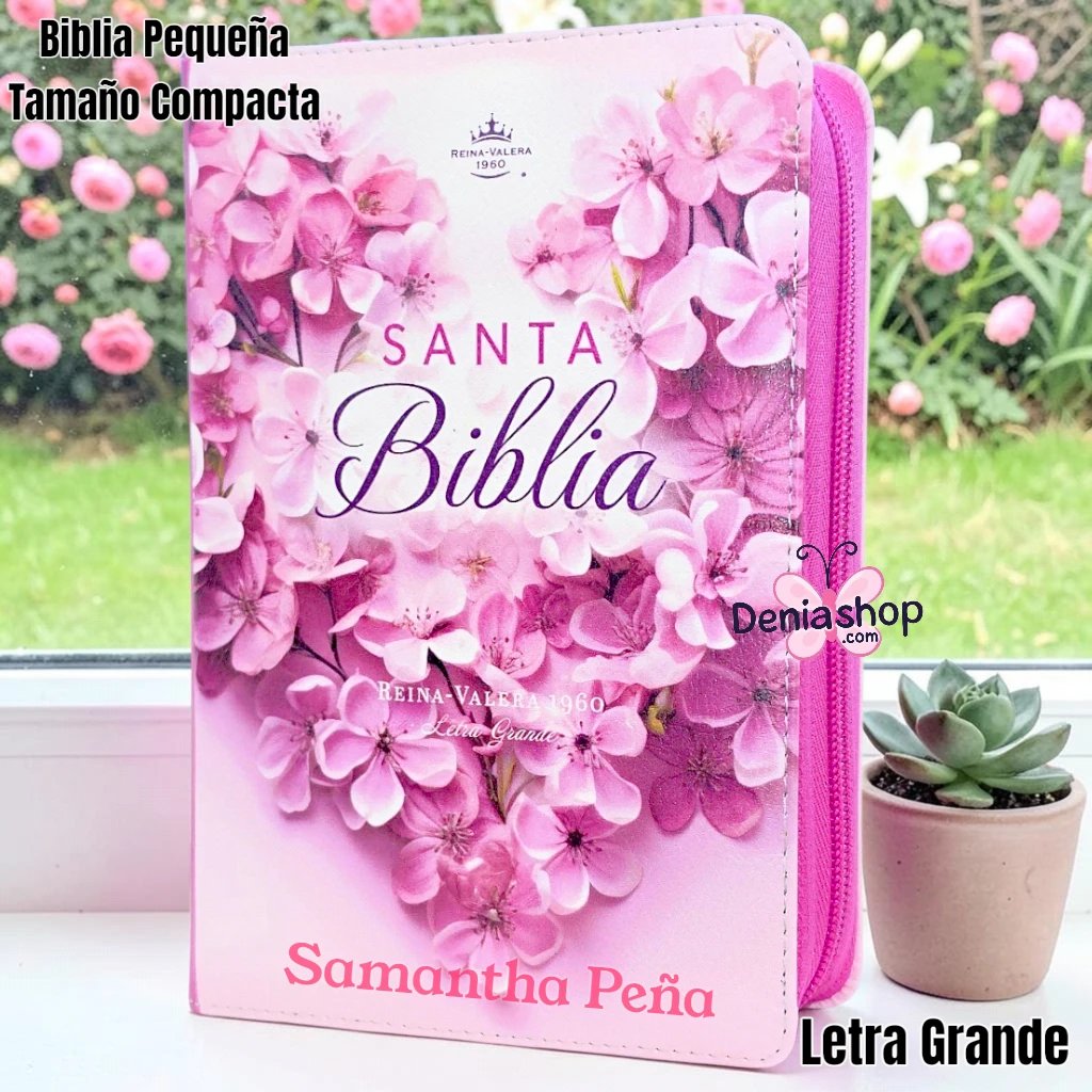 Biblia Personalizada Corazón de Flores - Letra Grande de 12 Puntos - Reina Valera 1960 - Tamaño Compacta con Cierre - Español