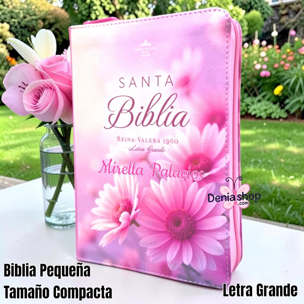 Biblia Personalizada Rosa de Margaritas - Letra Grande de 12 Puntos - Reina Valera 1960 - Tamaño Compacta con Cierre - Español