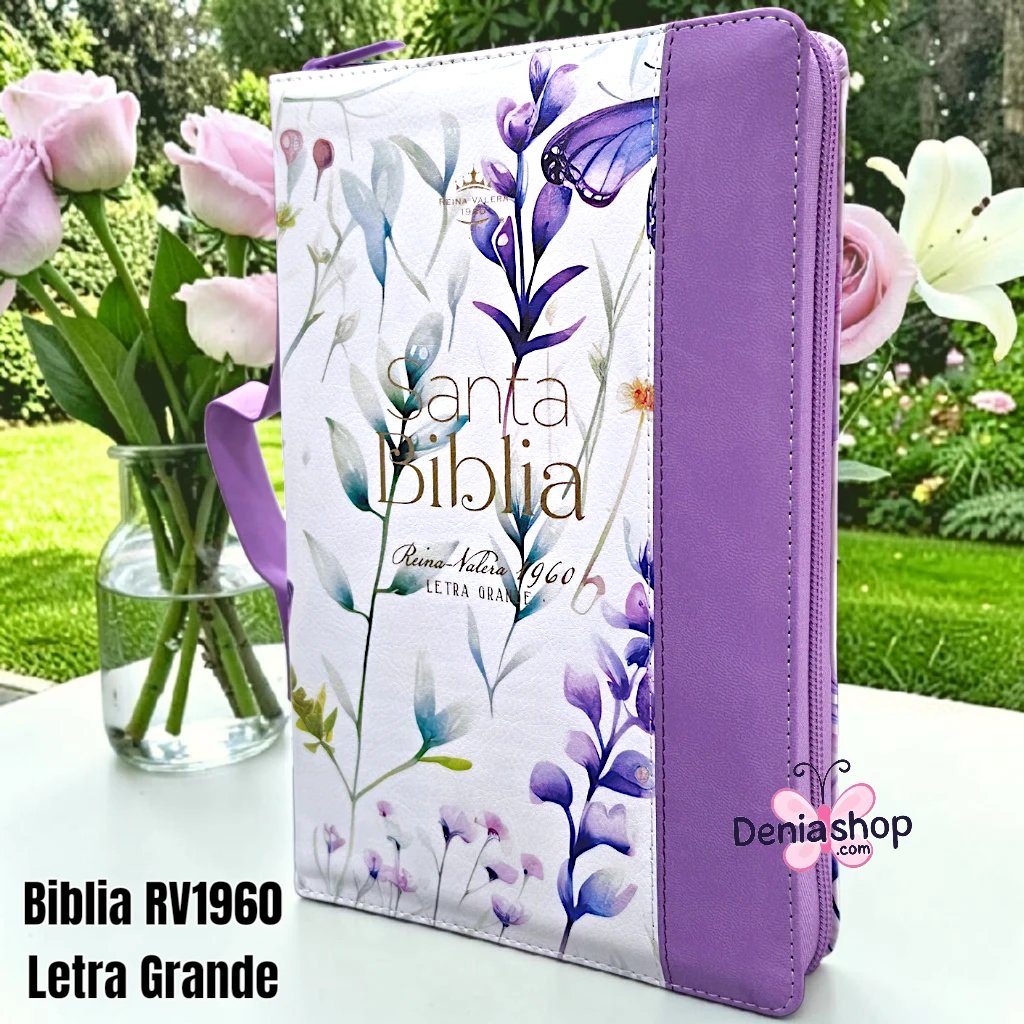 Biblia Personalizada Morada Ramas de Fe - con Asa de Mano - Letra Grande de 12 Puntos - Reina Valera 1960 - Tamaño Manual con Cierre - Español