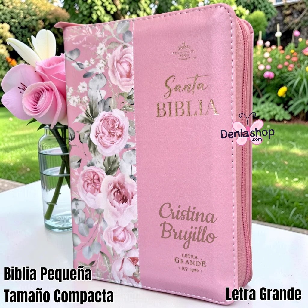 Biblia Personalizada Rosa Floral - Letra Grande de 12 Puntos - Reina Valera 1960 - Tamaño Compacta con Cierre - Español