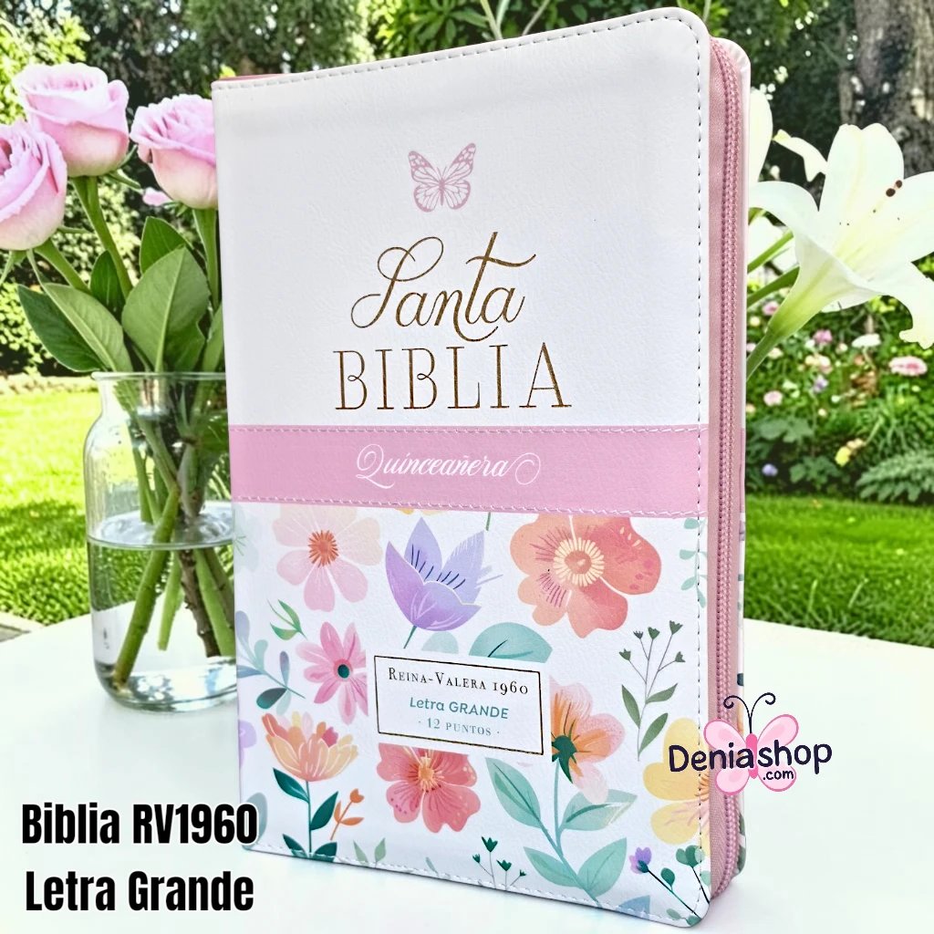 Biblia Personalizada Floral Para Quinceañera - Letra Grande de 12 Puntos - Reina Valera 1960 - Tamaño Manual con Cierre - Español