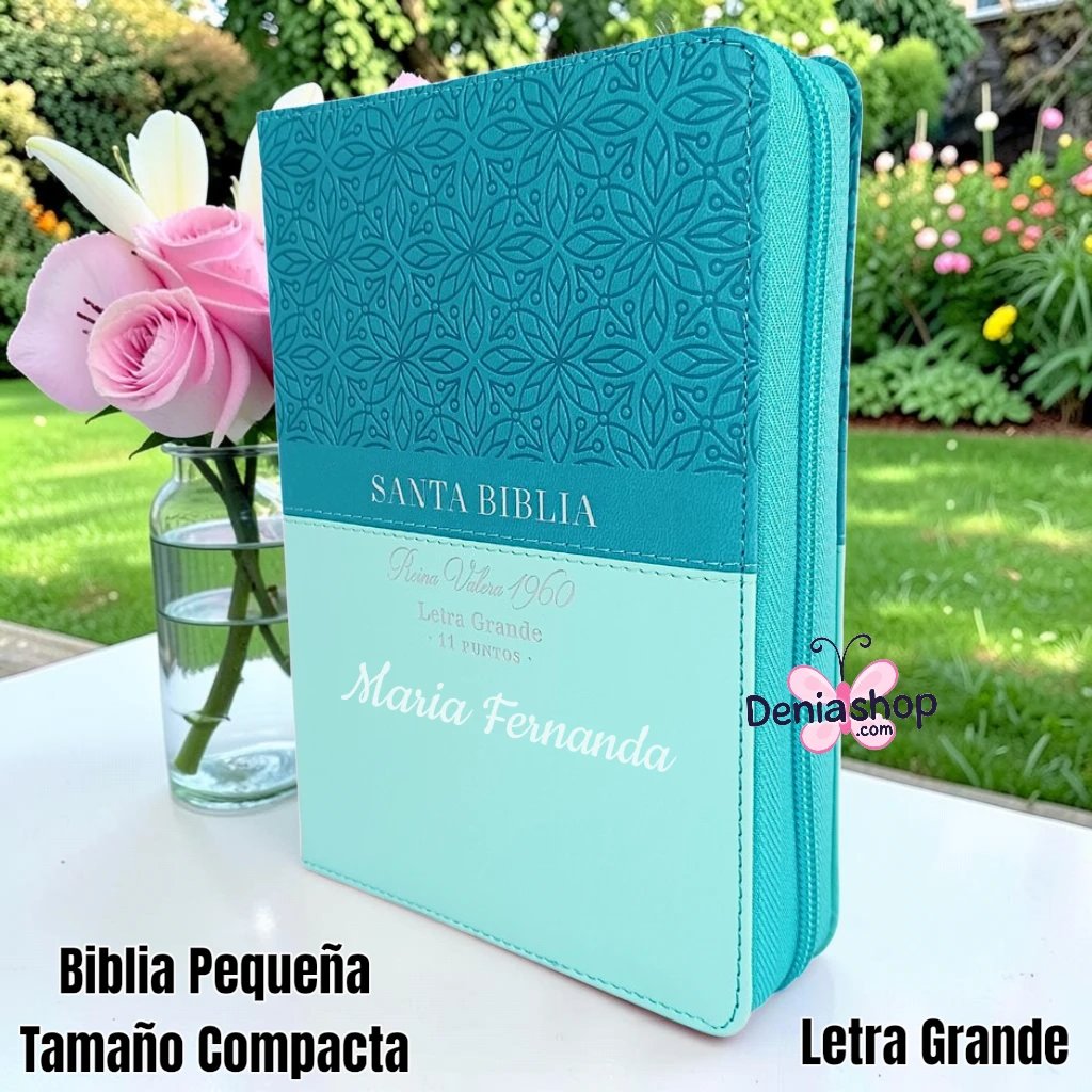Biblia Personalizada Turquesa Fe y Gracia   - Letra Grande de 11 Puntos - Reina Valera 1960 - Tamaño Compacta con Cierre - Español