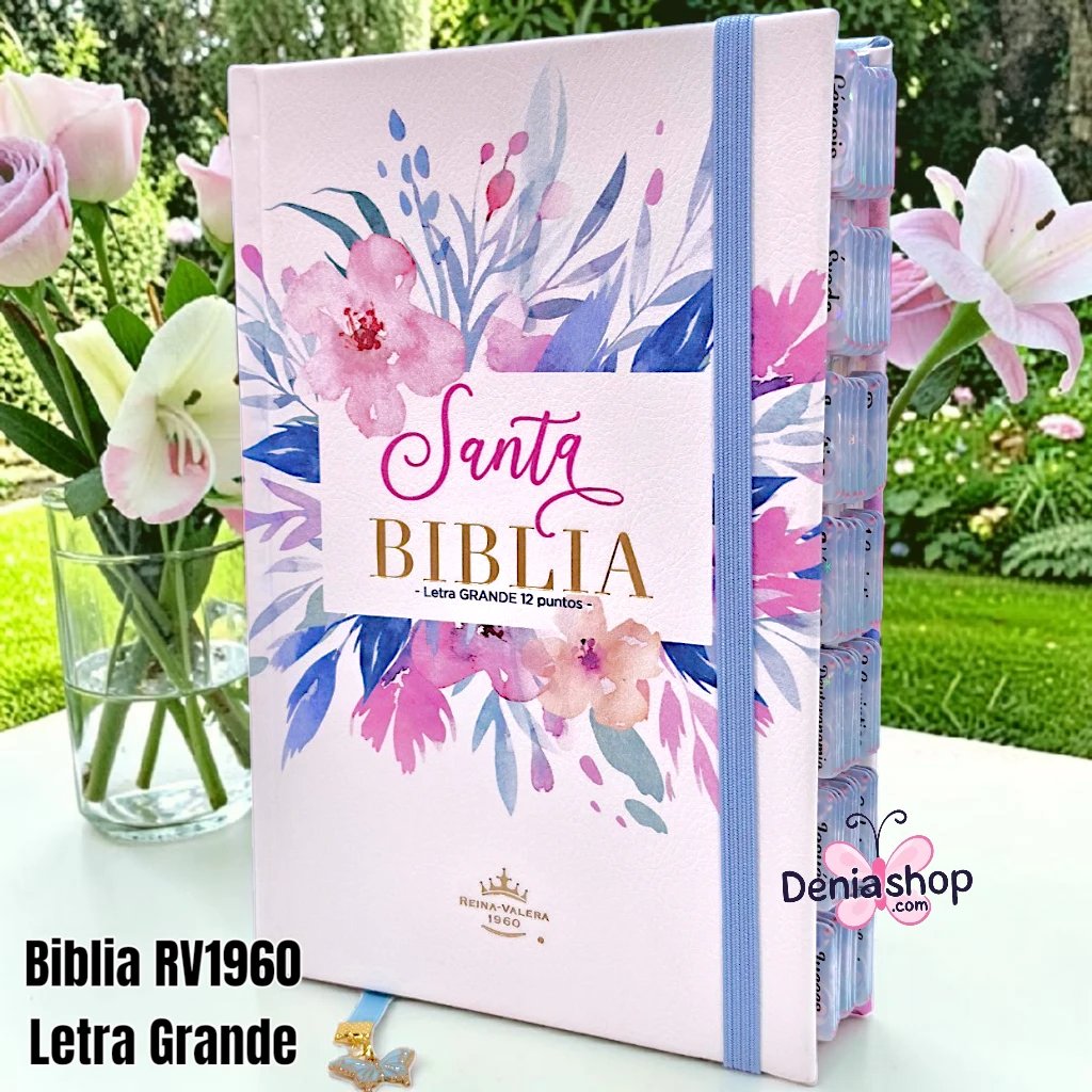 Biblia Personalizada Celeste Floral - Letra Grande de 12 Puntos - Reina Valera 1960 - Tapa Dura - Tamaño Manual - Español