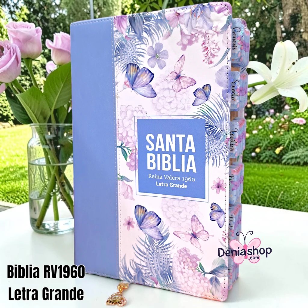Biblia Personalizada Celeste de Mariposas - Letra Grande de 12 Puntos - Reina Valera 1960 - Tapa Dura - Tamaño Manual - Español