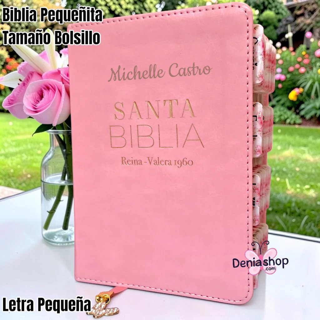 Biblia Personalizada Pequeñita Rosa - Letra Pequeña de 8 Puntos - Reina Valera 1960 - Tamaño Bolsillo - Español