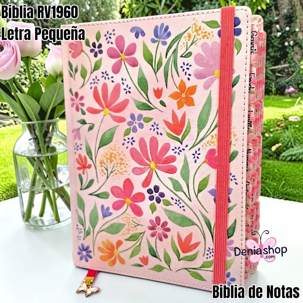 Biblia Personalizada Rosa Floral para Notas - Letra Pequeña de 8.5 Puntos - Reina Valera 1960 - Tapa Dura - Tamaño Manual - Español