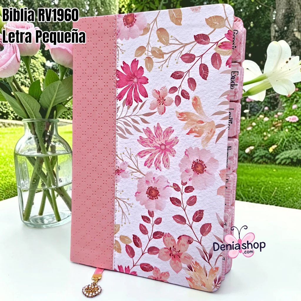 Biblia Personalizada Rosado Pétalo con Flores - Letra Pequeña de 10.5 Puntos - Reina Valera 1960 - Tapa Dura - Tamaño Manual - Español