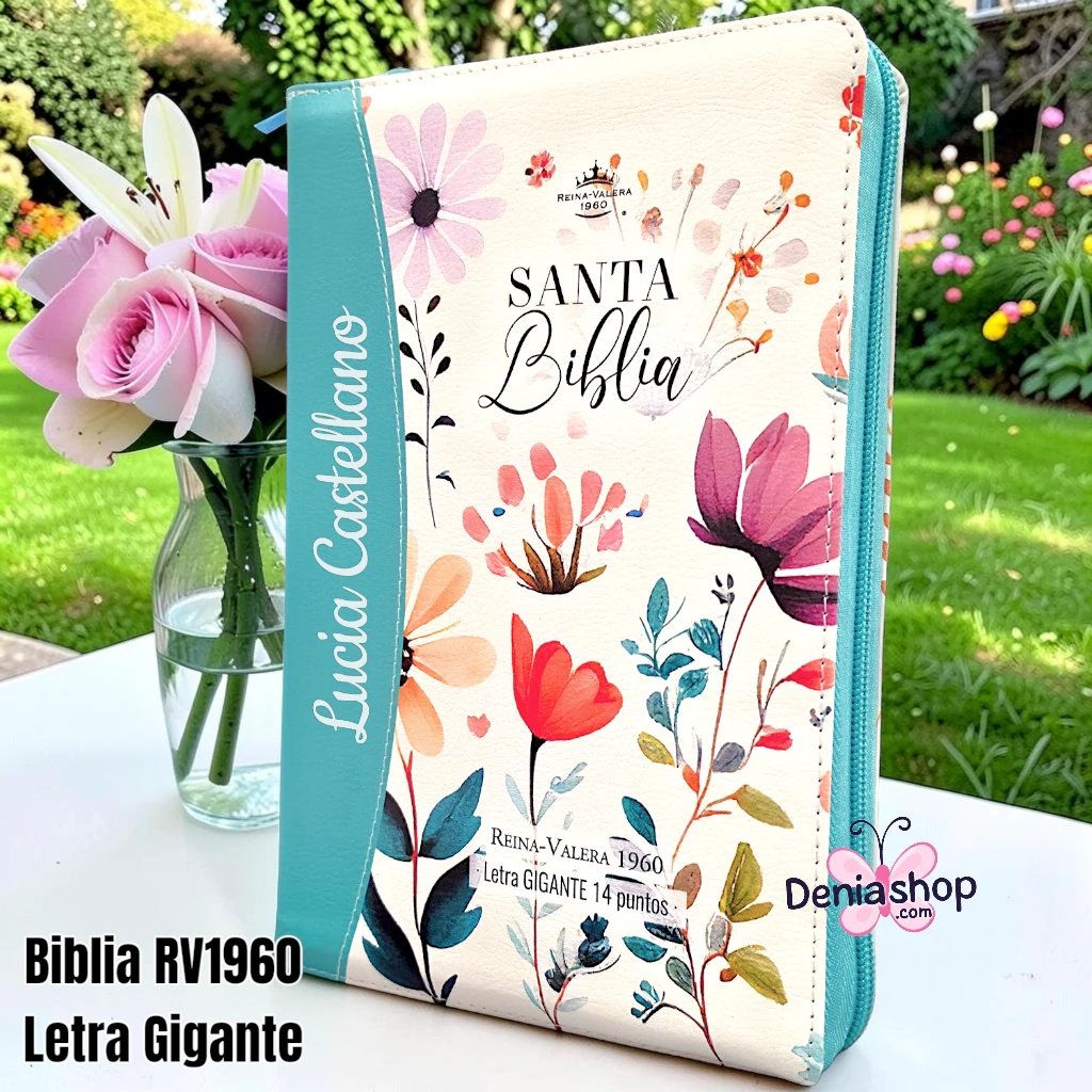 Biblia Personalizada Verde Aqua Floral - Letra Gigante de 14 Puntos - Reina Valera 1960 - Tamaño Manual con Cierre - Español