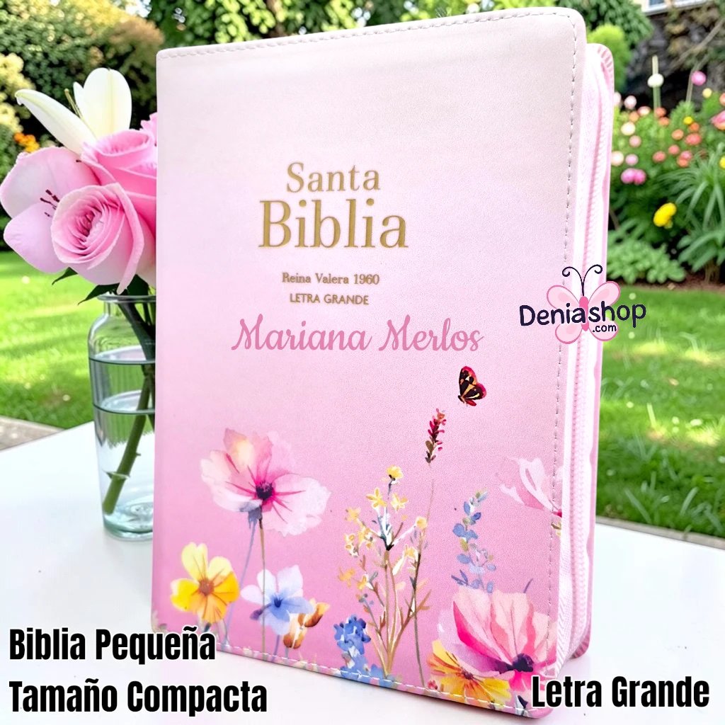 Biblia Personalizada Rosada Floral - Letra Grande de 11 Puntos - Reina Valera 1960 - Tamaño Compacta con Cierre - Español
