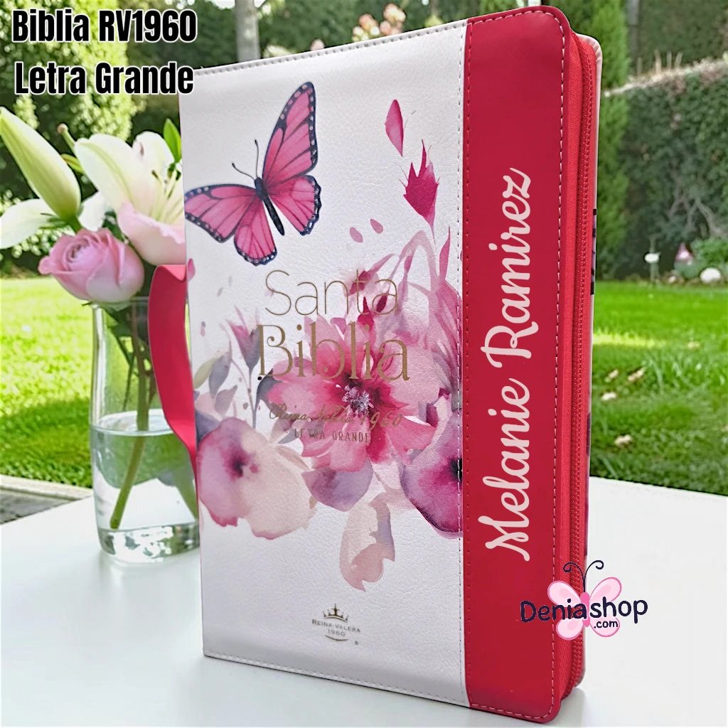Biblia Personalizada Roja Ramas de Fe - con Asa de Mano - Letra Grande de 12 Puntos - Reina Valera 1960 - Tamaño Regular con Cierre - Español