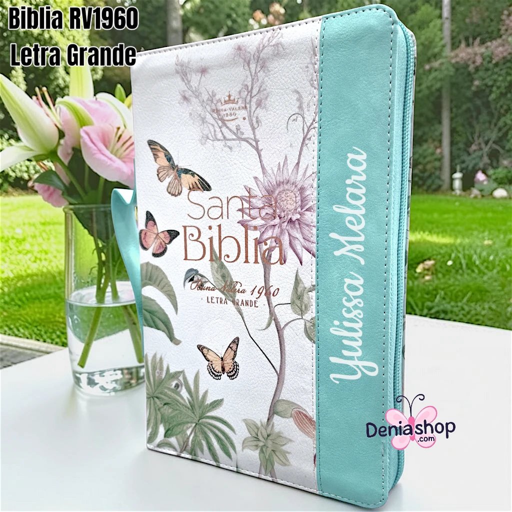 Biblia Personalizada Turquesa - con Asa de Mano - Letra Grande de 12 Puntos - Reina Valera 1960 - Tamaño Regular con Cierre - Español